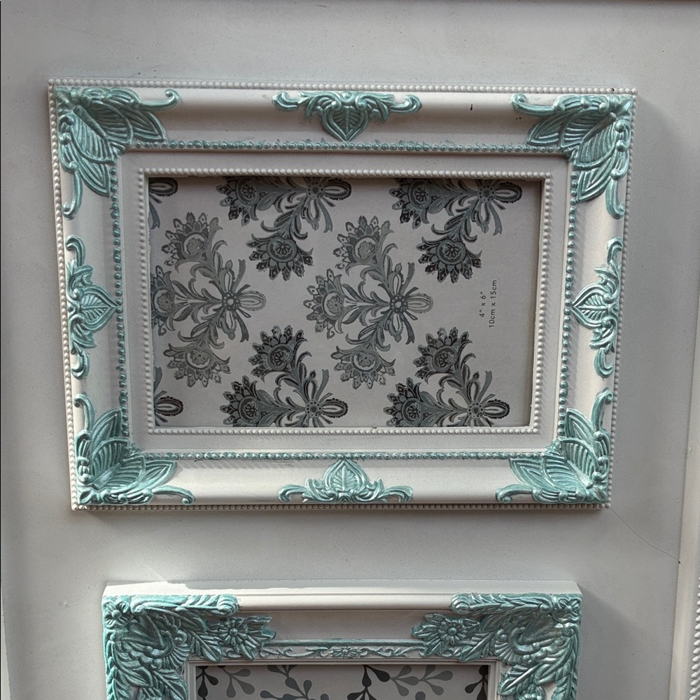 Ornate Triple Photo Frame Panel in White and Aqua Blue